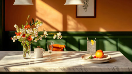 Bright morning sunlight hits a marble table with citrus, wildflowers, and sparkling water celebrating freshness, interior decor, and natural dining momentsの素材