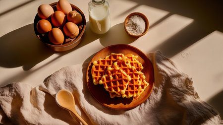 Golden waffles with baking ingredients in warm morning light evoke rustic breakfast themes, cozy home cooking, and natural food photography aestheticsの素材