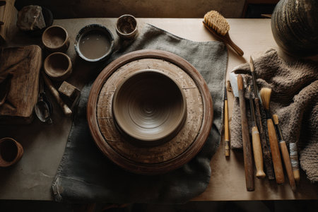 A rustic potter wheel spins wet clay surrounded by artisan tools, capturing the texture and tradition of ceramic craftsmanship in a warm studio workspaceの素材