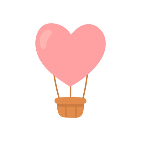 Cute pink heart balloon floats with a brown basket in a minimal romantic illustration, perfect for love, valentine, and celebration-themed designsのイラスト素材