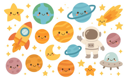 Smiling planets, stars, rocket, astronaut, and UFO gather in a fun outer space cartoon perfect for kids, solar system education, or science-themed artのイラスト素材