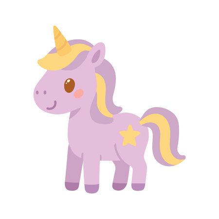 Adorable purple unicorn with a yellow mane and star mark, designed for magical storybooks, fantasy themes, or charming children illustrationsのイラスト素材
