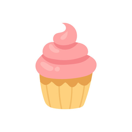 Sweet pink frosted cupcake in soft pastel colors. Perfect for dessert-themed designs, bakery ads, and cute food illustrations for kidsのイラスト素材