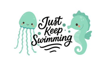 Mint green jellyfish and seahorse with cute quote art, perfect for nursery ocean themes, inspirational prints, or soft underwater character designのイラスト素材