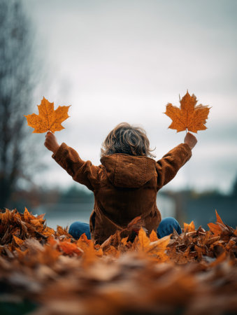 A child in a brown jacket sits in golden autumn leaves, holding up two maple leaves on a crisp cloudy day surrounded by trees and natureの素材
