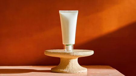 Minimalist skincare product photo showing a clean white cosmetic tube on stone pedestal with bold orange background and soft sunlightの素材