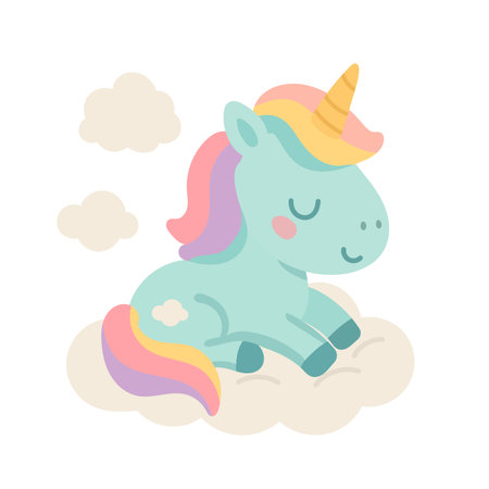 Dreamy blue unicorn with rainbow tail sleeps on a fluffy cloud in a peaceful pastel sky, ideal for bedtime illustrations and whimsical nursery printsのイラスト素材