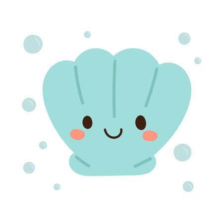 Adorable blue scallop shell character with blush cheeks and happy expression, ideal for ocean-themed illustrations and baby designsのイラスト素材