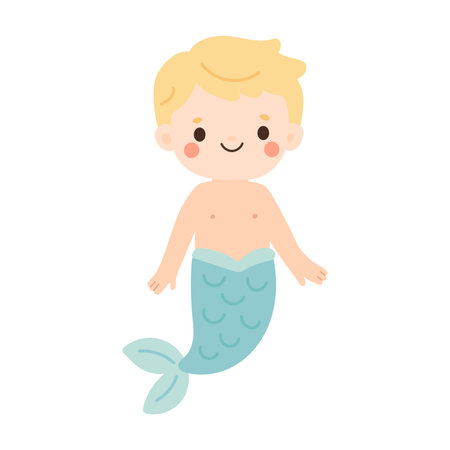 Happy blond triton merboy with blue tail and smiling face, merman perfect for magical ocean scenes, myth illustrations, and underwater children artのイラスト素材