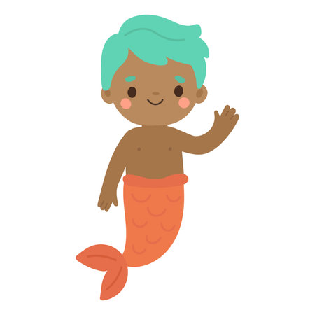 Smiling merboy with turquoise hair and orange tail waving underwater. A cheerful fantasy sea character perfect for kids stories and ocean adventuresのイラスト素材