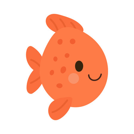 Cute fish in orange smiling tropical illustration with vector sea style. Marine ocean cartoon for aquatic scales. Ideal for happy underwater decorのイラスト素材
