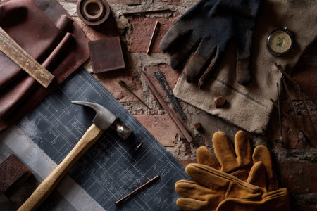 Craftsman leather gloves, hammer, ruler, and blueprints on rustic brick surface capture the essence of skilled labor, renovation, and vintage handcraftの素材