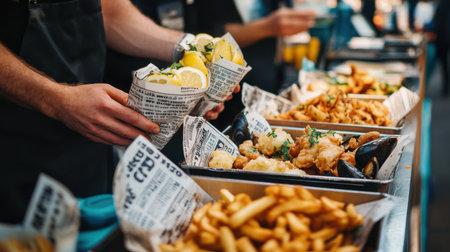 Food scene featuring street vendor with fish, chips, lemon and market hands wrapped in paper. A fast urban meal with fresh herbs and traditional flavorの素材