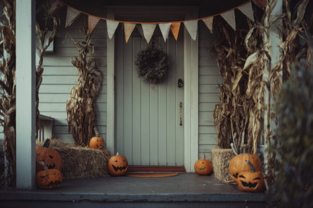 Rustic Halloween porch with pumpkins, hay bales, and corn stalks. Vintage autumn decor perfect for holiday articles, spooky blogs, or festive featuresの素材