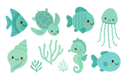 Playful green underwater animals including turtle, fish, jellyfish, and seahorse with smiling faces. Great for kids books, games, or marine education.のイラスト素材