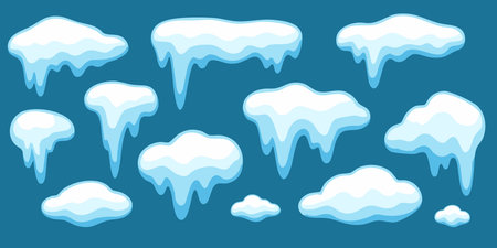 Ice drip snow for freeze Christmas and winter climate with melting cartoon shapes. Vector blue cold New Year sticker for chill edge or fun decoration. Use in seasonal clipart projectsのイラスト素材