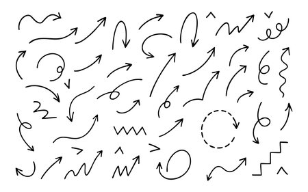 Arrow sketch hand drawn pointer direction swirl up down loop curve twist combine for dynamic flow. Use for navigation, layout by gesture or concept illustration. Great for presentations or diagramsのイラスト素材