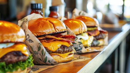 Gourmet burger lineup with melted cheese and crispy bacon on a counter, capturing casual dining culture, indulgent cuisine themes, and restaurant lifestyle imageryの素材