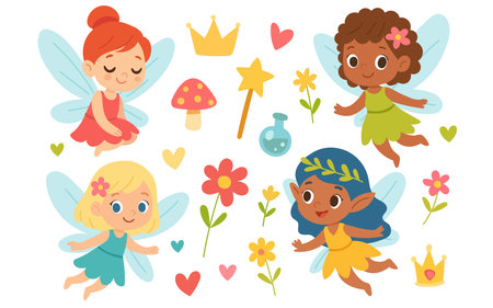 Fairy character set illustration featuring magical children figures, fantasy storytelling elements, and whimsical nursery artworkのイラスト素材