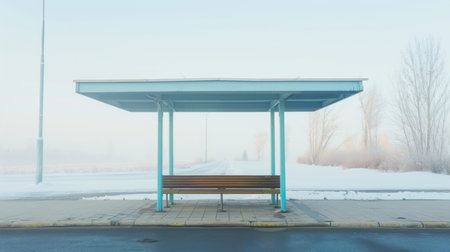 Minimalist powder-blue bus shelter in foggy surroundings, strong for urban solitude topics, architectural nostalgia pieces, and travel mood articlesの素材