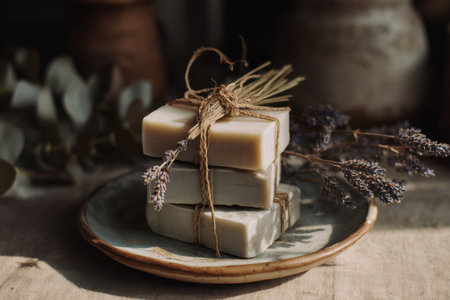 Handcrafted soap bars tied with linen and lavender sprigs, styled for natural skincare blogs, wellness branding, and slow living contentの素材