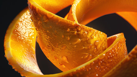 Macro spiral of fresh orange peel with visible moisture, designed for food detail features, nutrition articles, and sensory culinary visualsの素材