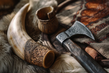 Traditional Viking still life with carved horn and axe on fur, fitting historical culture topics, Nordic heritage stories, and ancient warrior imageryの素材