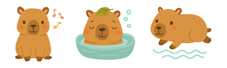 Cute capybara animal illustration set showing singing relaxing and swimming, adorable wildlife character for nursery decor, nature blogs and children storytelling graphicsのイラスト素材