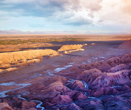 Desert landscape of the road to Mars Valley in red, blue, brown and orange colors near San Pedro de...