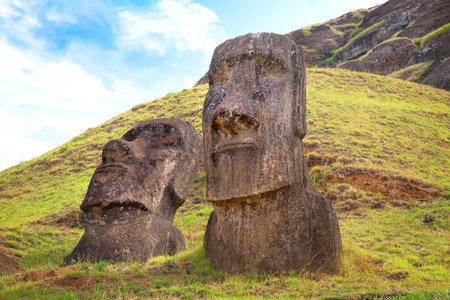 Moai on the slopes of the Rano Raraku Volcano, on Easer Island, against a blue sky covered by white clouds.の写真素材