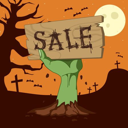 Halloween background with scary tree and text sale. Vector illustration. Green zombie hand holds scratched sale table, with cemetery background and orange sky, full moon, and bats.のイラスト素材