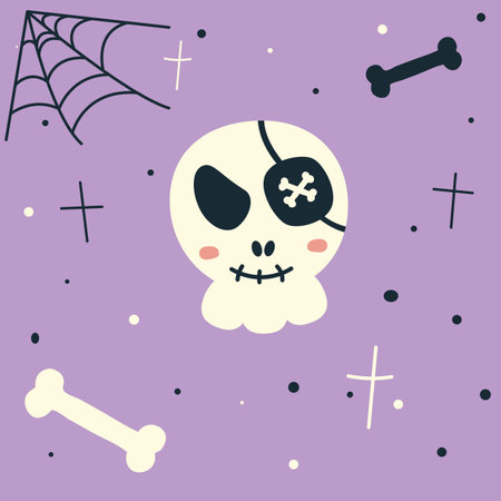 Pirate skull - with crossbones, pirate, pirate face, cute face, cute skull, Halloween illustration, autumn holidays banner, ghost icon emotion. Vector illustrationのイラスト素材