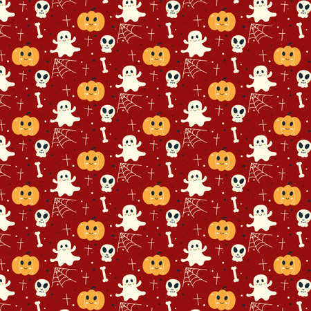 Halloween seamless red background with skull, ghost, web, and pumpkin Good for textile fabric design, wrapping paper, website wallpapers, vector illustrationのイラスト素材