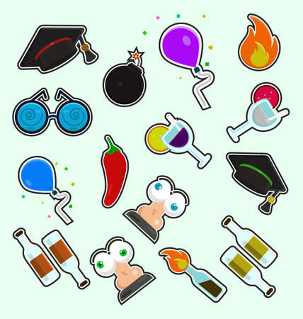 Assorted Party Stickers, Flat illustration. Flat Party Icons Setのイラスト素材