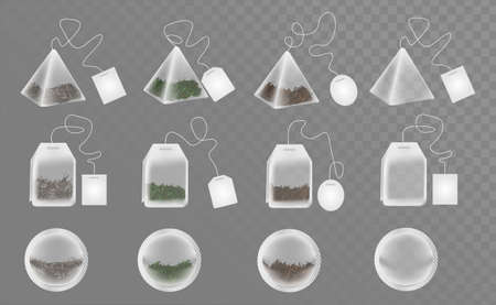 Realistic Tea Bags Set. Pyramid Tea Bags, Round Tea Bagsのイラスト素材