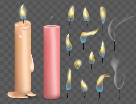 3D Burning Realistic Candle Set. Light Candle Set. Vector. Different Flame Of A Candle Icon Set Closeup On Gray Transparency Grid Backgroundのイラスト素材