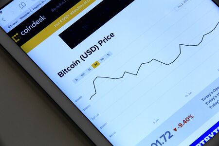 New york, USA - February 02, 2018: Devaluation of bitcoin exchange rate on tablet screen. Graphic of...