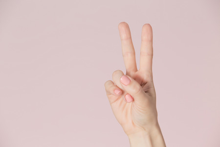 Victory symbol with hands isolated on pink background. Woman's hand with manicure.の写真素材