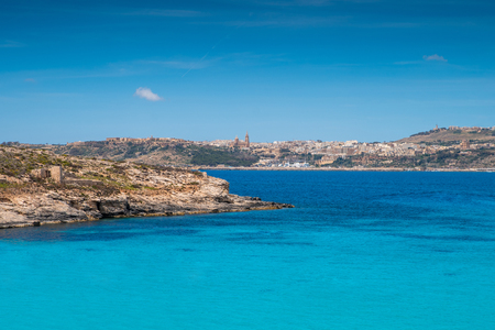 Tropical landscape. Sea with turquoise water and blue sky. Malta. Blue lagoon. Attraction of Comino island. Summer background.のeditorial素材