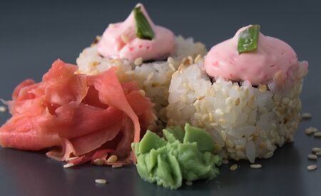 Fresh delicious rolls with ginger and wasabi close upの写真素材