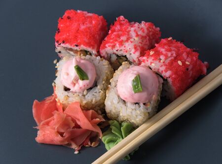 Delicious rolls with ginger and wasabiの写真素材