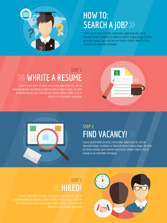 Job search after university infographic . Students, labor, searching and professions. Vector stock illustration for designのイラスト素材