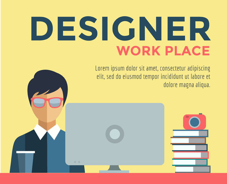 Designer on work place illustration. Objects, office and creative symbols. Stock design elements.のイラスト素材