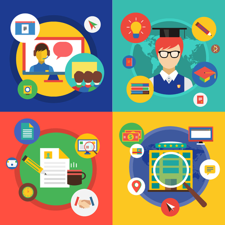 Webinar illustration. Online School , Courses and Communication Teamwork symbols. Stock design elementsのイラスト素材