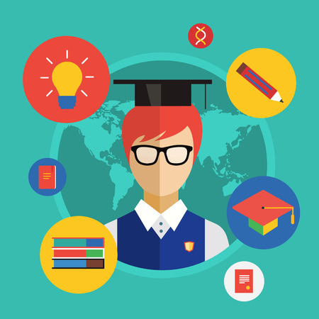 Flat student for school illustration. Science objects, or University and College symbols. Stock design elements.のイラスト素材