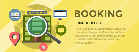 Booking Hotel. Travel infographic. Loupe, Building and Search. のイラスト素材