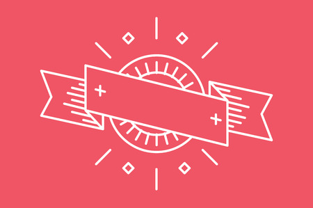Retro outline linear logo badge. Abstract arrow shape and symbol, icon or frame, border, line, old, fashion, lable, retro, vintage. Stock illustration. Isolated on red backgroundのイラスト素材