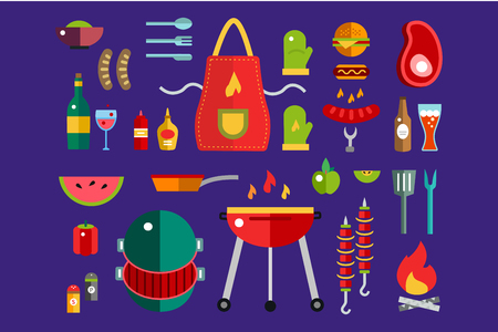 BBQ and Food Icons Vector Set. Outdoor, kitchen, meat and grill, burger, eat food symbols. Stock design elements. Key ideas is outdoor food, barbecue party, black icons, logo elementsのイラスト素材