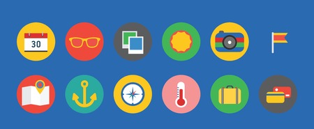Travel vector icons set. Sea, rout and holiday symbols. Stock design elements. Key ideas is camera, anchor,  cocktail, design elementsのイラスト素材