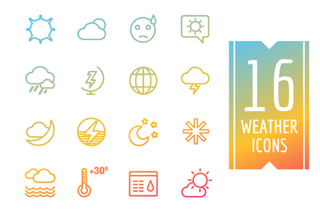 Weather icons vector outline set. Moon, sky or wind and cloud symbols. Stocks Design Element. App buttonsのイラスト素材